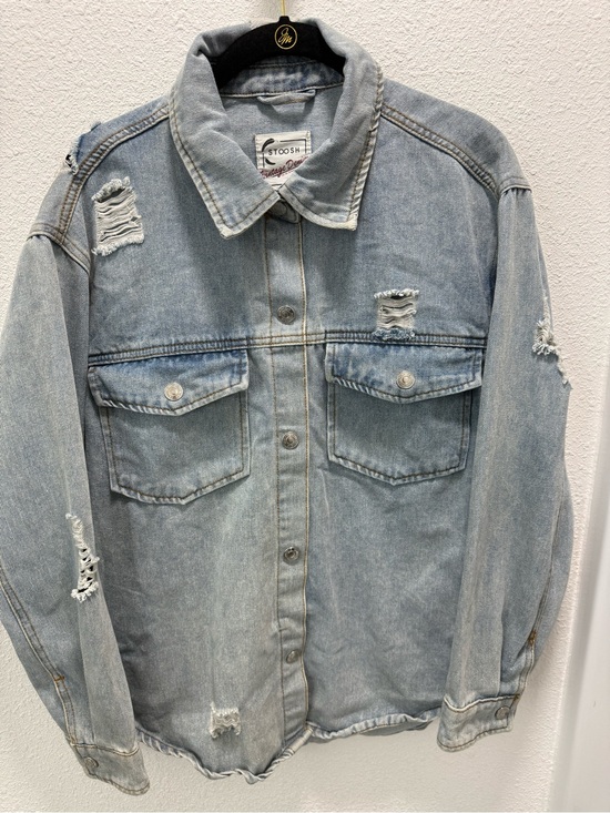 Smoothie Jackets & Blazers - VTG Stoosh Blue Denim Distressed Jean Shirt Jacket Sz(M)